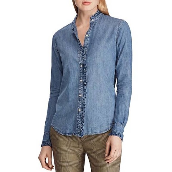 Lauren Ralph Lauren Tops - Lauren Ralph Lauren Ruffle Trim Chambray Button-Up Top